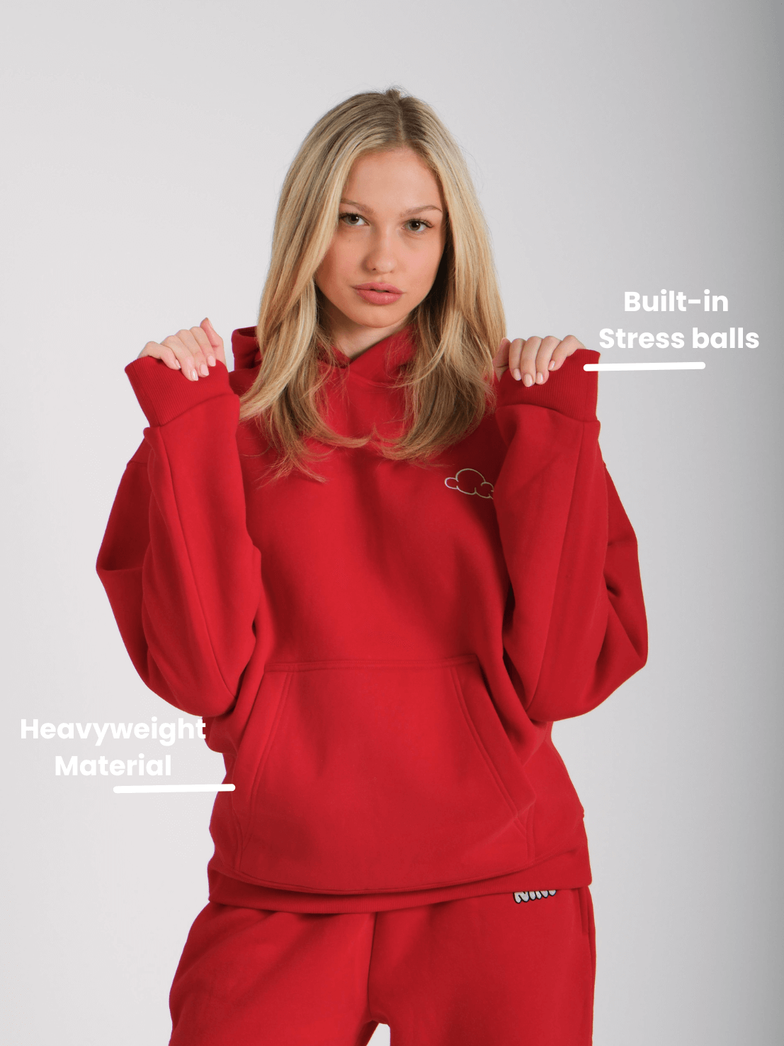 red adhd hoodie with stress balls