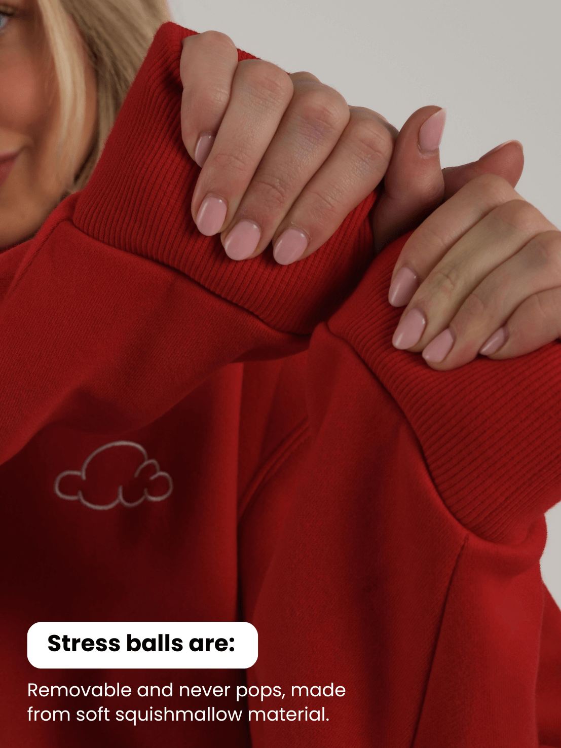 red hoodie with stress balls